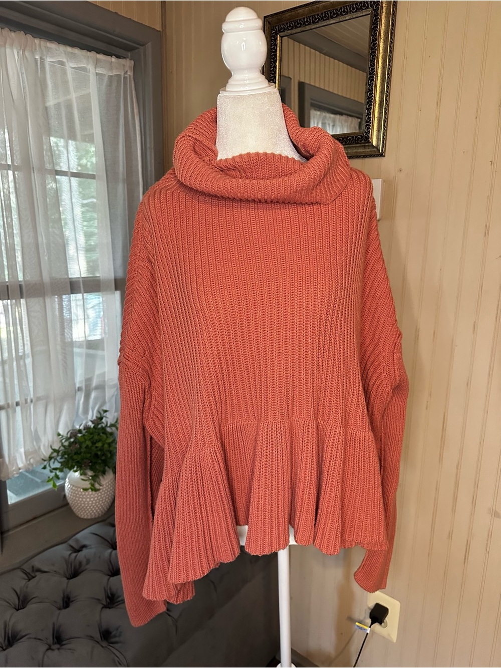 Free People Oversized Ribbed Turtleneck Peplum Sweater S Pink Cotton Blend Boho